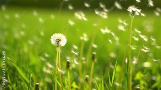 Dandelion seed head meadow grass wind spring close up sunlight green dandelion seed head green grass blowing seed meadow spring dandelion seed head white seed green grass seed dispersal spring meadow