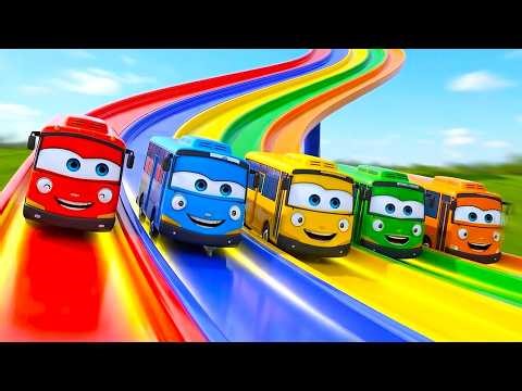 5 Colorful Buses Jump into the Paint Pool! Little Buses Sliding and Laughing 🎨