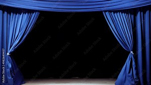 Rich blue curtains are elegantly parted in the center, revealing a darkened area behind them, commonly used in theaters to create anticipation before a performance.