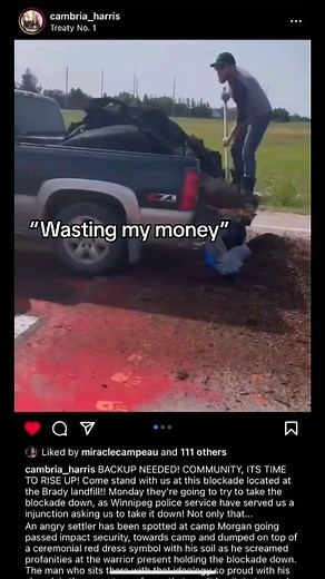 Posted @withregram • @indigenous_baddie Video screen recording from @cambria_harris , I suggest you follow her & to stay updated for the Brady Landfill/Camp Morgan MMIWG protest. please support #campmorgan its sad that they continue to dehumanize us, are we not seen as human beings? Also the guy in the video is attempting to cover up painting on the pavement of awareness to this whole MMIWG situation going on in Winnipeg. #winnipeg | Red Rebel Armour