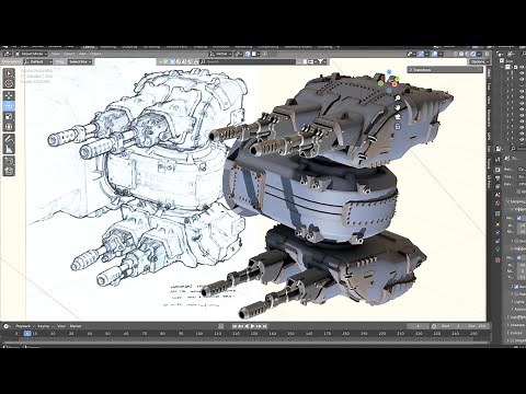 3D modeling process from 2D concept art (by George Hull). Blender. Si-fi-turret timelapse.