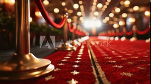A red carpet with red and gold decorations. The carpet is in a room with lights on. The lights are shining on the carpet, making it look shiny and bright