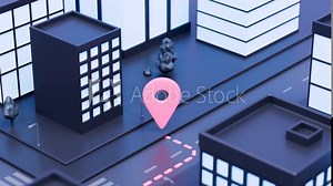 City or town animation. location pin or mark. Urban landscape, streets, buildings. taxi service, navigation or gps concept. Animated stock footage, 3D rendering. Map of downtown or business distric