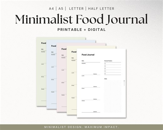 Minimalist Food Journal | Printable Food Diary | Digital Food Planner | Meal & Calorie Tracker | Goodnotes Planner, A4 A5 Letter Half Letter - Etsy