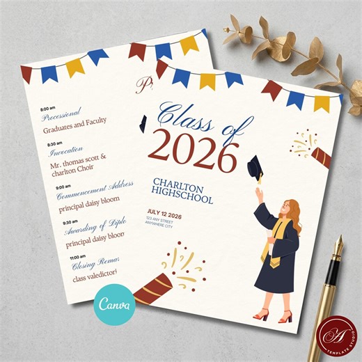 Graduation Program Template Editable Canva Class of 2026 Ceremony Card Modern High School College Senior Graduation Program Graduation G3 - Etsy