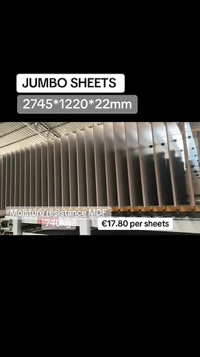 Jumbo sheets of MDF moisture resistance 740kg, 2745*1220*22mm . 12 pallets = 492 sheets . €17.80 a sheet by 492 = €8757.60 Custom duty delivery €8500 Agent fee €2000 . Cost per sheet €39.15 after you break it down . 01-8612323 or email: info@kitchenwise.ie if you need an Irish ☘️ Agent | Kitchenwise Dublin