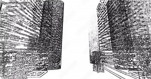 Black white City seamless loop, fast motion pencil sketch style. Abstract Moving through buildings with binary code particles network