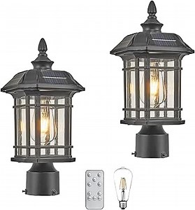 Solar Lamp Post Light Outdoor with Remote Control Waterproof Lamp Post Light Fixture for Fence Pole Garden Aluminum Black Outdoor Post Lights Hard Wired 15.1 Inch Height 2-Pack Include LED Bulb
