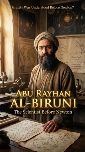 ilmLegacy on Instagram: "I am Abu Rayhan Al-Biruni. 🪨 Before the world learned the word gravity, before Newton wrote laws in books… a man was already searching for answers. When people simply said, “things fall down,” he asked a dangerous question — down… but where exactly? So he climbed mountains. Measured angles. Wrote numbers again and again. Not to prove himself right… but to understand how the Earth truly works. Step by step, calculation by calculation, he realized something powerful — eve