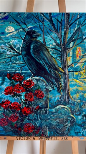 🌹 Wait for it!!! Introducing my first official 2024 painting ✨ It’s so moody with that blue lighting and warm glow. I’m so proud of this piece. This year I’m going to be more intentional with developing the concepts and stories behind my work. This piece has a deep meaning and I love how it’s story telling but also open for individual interpretation. Hope y’all love it!.....#artwork #fineart #originalart #artnow #todaysartreport #artreels #artvideo #artistic #painting #paintings #gothicart #acr