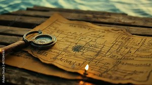 Weathered nautical map illuminated by warm candlelight. Antique brass compass rests on parchment. Wooden planks and serene water in background evoke maritime exploration and nostalgic adventure.