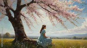 In the afternoon, a dreamlike scene appears. A girl sits under a cherry tree in a sunny meadow. Her flowery dress blows in the breeze as she looks at the white clouds in the blue sky