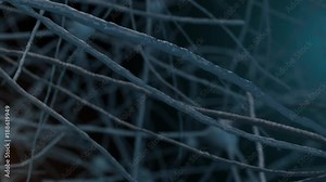 Group of Blue Neuron Microbes Pulse Light Pull Back. view pushes away from a cluster of neauron microbe bacteria strings pulsing orange glows through them