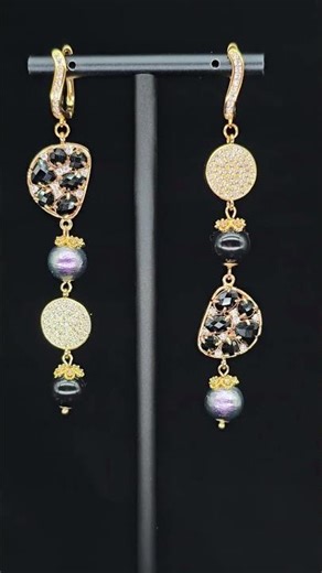 Quirky Gold Onyx & Holographic Crystal Earrings – Statement Jewelry Gift