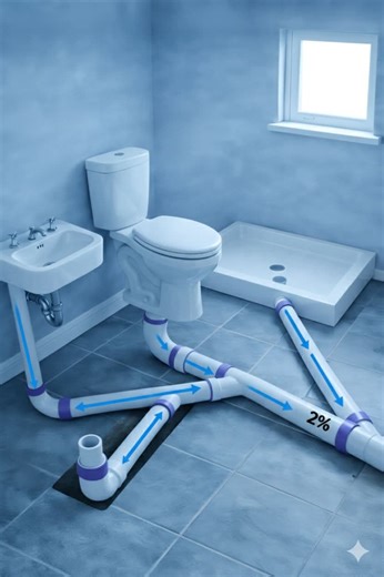 Master the Flow: Understanding Drainage Slope ​In plumbing, gravity is your best friend—but only if you give it the right path. This image perfectly illustrates the drainage waste vent (DWV) system, where precision in the "fall" makes all the difference between a clean home and a backup nightmare. ​The 2% Golden Rule ​Notice the 2% marked on the main drain line. This represents the critical slope or "pitch" of your horizontal pipes. ​Why 2%? This translates to roughly 1/4 inch of fall per foot o