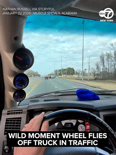 A driver in Muscle Shoals, Alabama, was less than thrilled when one of the front wheels of his new Dodge truck completely detached and rolled away on January 22. Footage filmed by Nathan Russell with Meta smart glasses shows the wheel popping off as he drives. He then steps out of the car and captures the bare axle. Russell told Storyful he had hit a pothole earlier in his 150-mile journey with a coworker, which he believed cracked several wheel studs, causing the remaining fasteners to fail cat