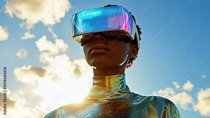 holographic metallic woman body shape wearing sleek vr headset in metaverse