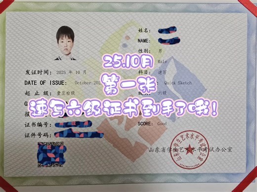 25.10月，第一张速写6级证书到手了，加油！庆祝！此刻值得纪念。