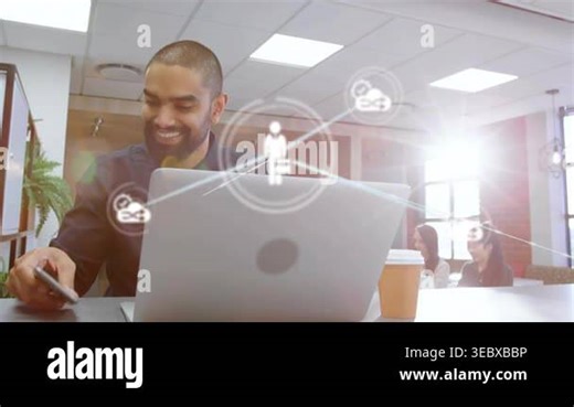 Man tapping smartphone and initiating animated network nodes, connecting team in tech workspace. Coworking, laptops, devices, collaboration, connectivity, cloud, daylight Stock Video Footage - Alamy