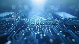 Download Abstract technology background with glowing circuit board details and shimmering lights, showcasing innovation and digital connections. for free