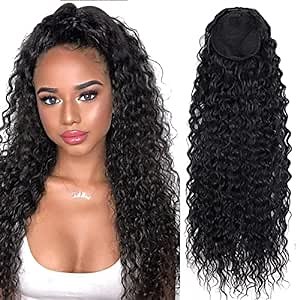 Drawstring Human Hair Ponytail Extension Kinky Curly Ponytail for Black Women Wrap Drawstring Ponytail Hairpiece Thick with Clip in Binding Pony Tail Natural Black Color 1B 18 Inch