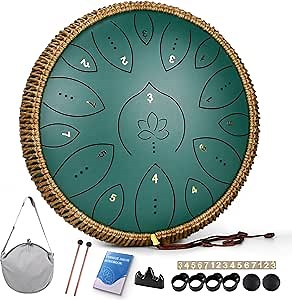 Steel Tongue Drum 13 Inches 15 Notes, Hand Pan Drums for Adults 440hz, C Major Handpan Musical Instrument with Song Book, Mallets and Carry Bag, Green