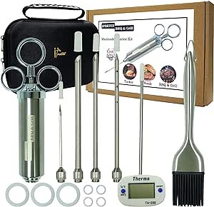 304 Stainless Steel Meat Marinade Injector Kit with Case,2oz Meat Injector Syringe Kit with 4 Marinade Seasoning Needle,Thermo,Stainless Steel Oil Brush for BBQ & Grill Smoker,Turkey & Brisket