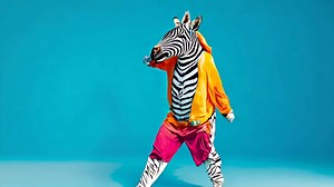 A zebra in a colorful outfit is dancing on a blue background