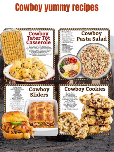 🤠✨ Cowboy Yummy Recipes! Bold, hearty, and downright delicious — these cowboy-style dishes bring the wild west flavors straight to your kitchen! Saddle up, partner, because these are real crowd-pleasers! 🐴🔥 1️⃣ Cowboy Tater Tot Casserole Ingredients: 1 lb ground beef 1 small onion, diced 1 can (10.5 oz) cream of mushroom soup 1 cup sour cream 2 cups shredded cheddar cheese 1 bag (32 oz) frozen tater tots Salt, pepper, and garlic powder to taste Instructions: 1️⃣ Preheat oven to 375°F (190°C).