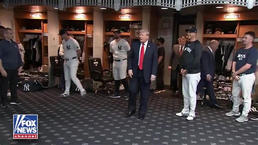 JUST IN: President Trump receives a warm welcome as he greets Yankees players in the clubhouse before watching the game on the anniversary of September 11th. | Fox News