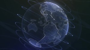 Pixel planet Earth animation. Animation of space with digital exploding Earth, Abstract world map background. Rotating globe, shining continents with accented edges