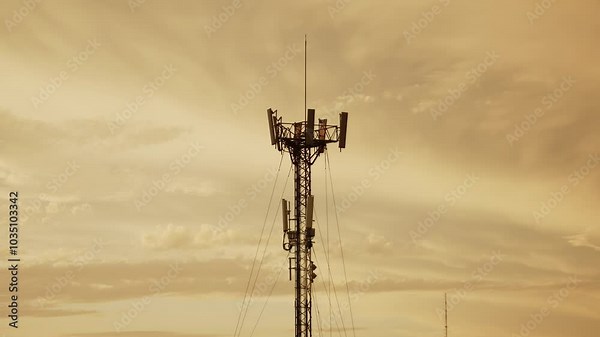 5G Cell tower against a golden sunset sky, standing tall for communication infrastructure