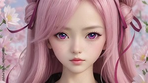 Cute anime girl with pink hair against on a pink background of flowers