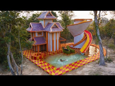 Build Modern Luxury 2-Story Villa House And Water Spiral Slide into Swimming Pool With Water Well