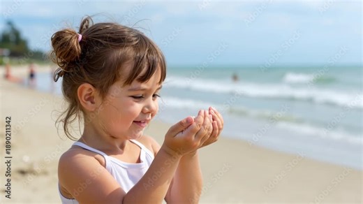 Little girl holding a seashell on the beach. Curious child looking at a sea shell in her hands. Summer vacation and nature discovery concept. Close-up portrait with blurred ocean background
