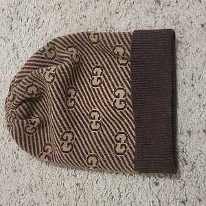 Gucci Brown Tan Monogram Striped Beanie Winter Cap Hat Sz. S