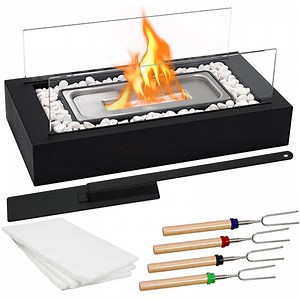Safer Burning Rectangle Tabletop Fire Pit with Smores Maker Kit, Portable Indoor/Outdoor Table Top Firepit,Table Fireplace with Cobblestones - Gift for Home Decor & Balcony Parties, Housewarming Gift