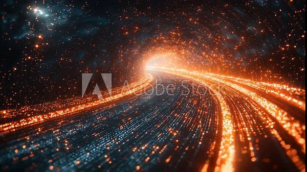 Travel through a glowing digital tunnel filled with vibrant lights and particles at high speed