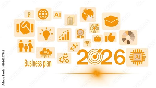 Business plan 2026 icon collage animated, Business plan 2026 concept with icons target