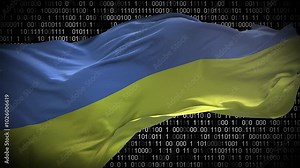 Binary code on flag of Ukraine. Program source code or Hacker concept on Ukrainian flag. Ukraine digital technology security, hacking or programming
