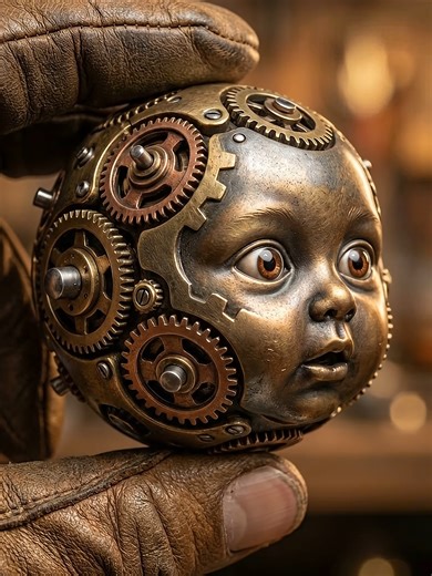 🟤⏰ Geneva calm, tick crunch. A baby face on a steampunk sphere of brass drive wheels and steel pins rhythmically follows the offered piece — mechanisms lock, wheels step, cheeks strain in heavy chew. Every “tick… clunk… grind” folds into pure visual ASMR precision calm. 👇 Rate this Geneva bite 1–10 and comment what vintage texture I should feed it next — escapement gear, phonograph needle, or bellows leather? #asmr #viral #satisfyingvideos #oddlysatisfying #satisfyingsounds #asmrvideo #aiart #