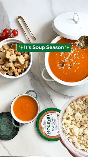 Tomato soup 🤝 Boursin® Crumbles. The ultimate combo for soup season. #boursin #cheese #crumbles #soup | Boursin Cheese