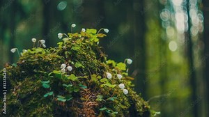Dawn in the forest time lapse. Old stump covered with moss and blooming of white Oxaliswlowers. Woodland nature background Stock Video