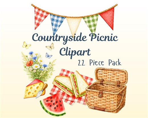 Countryside Picnic Watercolor Clipart Bundle, Cottagecore Picnic PNG, Picnic Basket & Blanket Art, Summer Clipart, Rustic Picnic Scene - Etsy