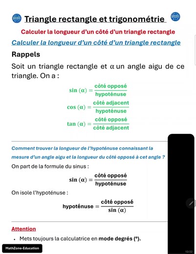 calcul de l'hypoténuse connaissant la longueur du côté opposé à un angle donné #ApprendreSurTikTok #MathZoneEducation #pourtoi #pourv #Calculatrice