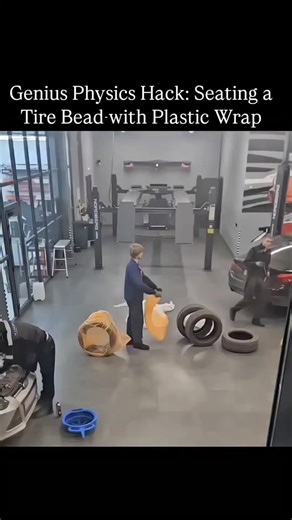 Physics Decoded on Instagram: "Watch this incredible car repair hack! A mechanic demonstrates a clever "physics trick" using a large plastic wrap or bag to quickly and easily seat a difficult tire bead onto the rim. By using the bag to contain the air and create a temporary seal, they can generate enough pressure to pop the tire into place without relying on specialized equipment. This simple yet brilliant technique saves time and effort in the garage! #CarHack #TireRepair #MechanicLife #Physics