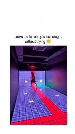 memzkr on Instagram: "#The post showcases a 23-second video of a neon-lit interactive LED floor game, where a player in black attire jumps and runs across glowing panels in red, blue, and yellow patterns, evoking a physical arcade challenge like enhanced Dance Dance Revolution. , an account curating daily viral clips, the content has exploded with 17,000+ likes and 2.3 million views within hours, sparking replies on its fun factor and injury risks like ankle twists. Aligning with the caption's w