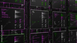 Multiple cells with information. Animation. Virtual space with information and numeric cells on black background. Rows of information cells in computer space
