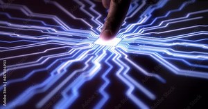 Human Finger Turns On Super Computer With Fingerprint Technology. Super AI Computers Integrating With Human Life.