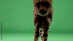 Cheetah Walking Towards Camera on Green Screen Background, a Dynamic Composition for Wildlife Documentaries or Special Effects Projects